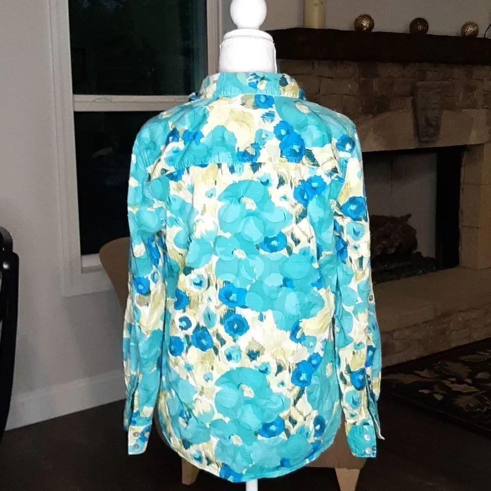 Ruby Rd. Blue and Yellow Cotton Button Down - Picture 2 of 7